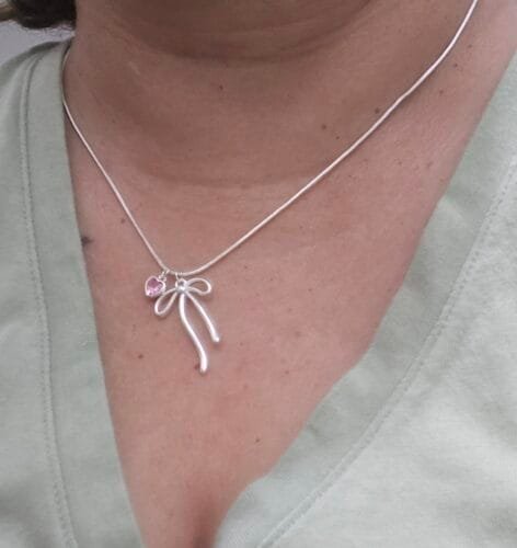 Click to view full screen 925 Silver Heart Pink Zirconia Bow Necklace photo review