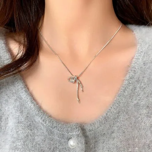 925 Silver Ribbon Bow Thin Necklace