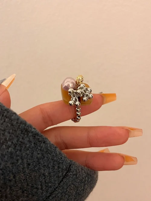 Pearl beaded square tassel ring